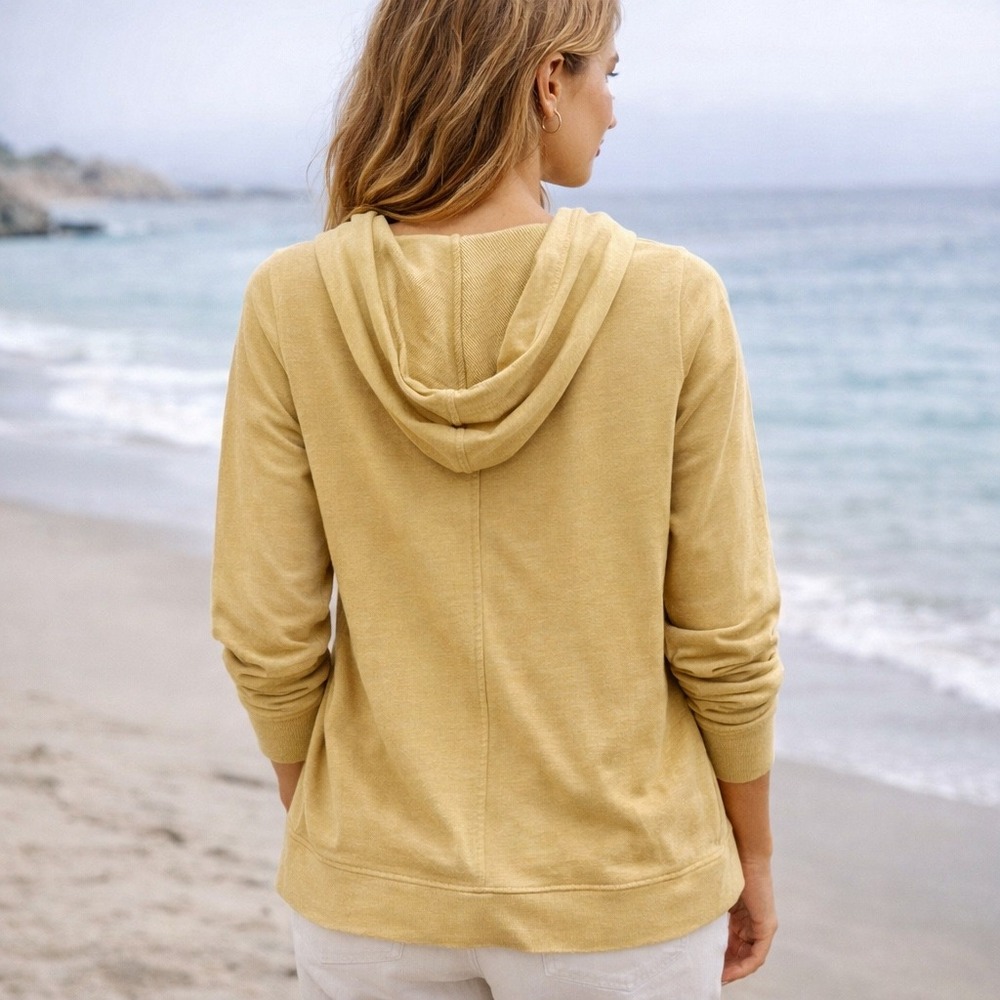 Womens Mustard Yellow V-Neck Lightweight Jersey NWOT Hoodie Kangaroo Pocket L‎ - Picture 2 of 8